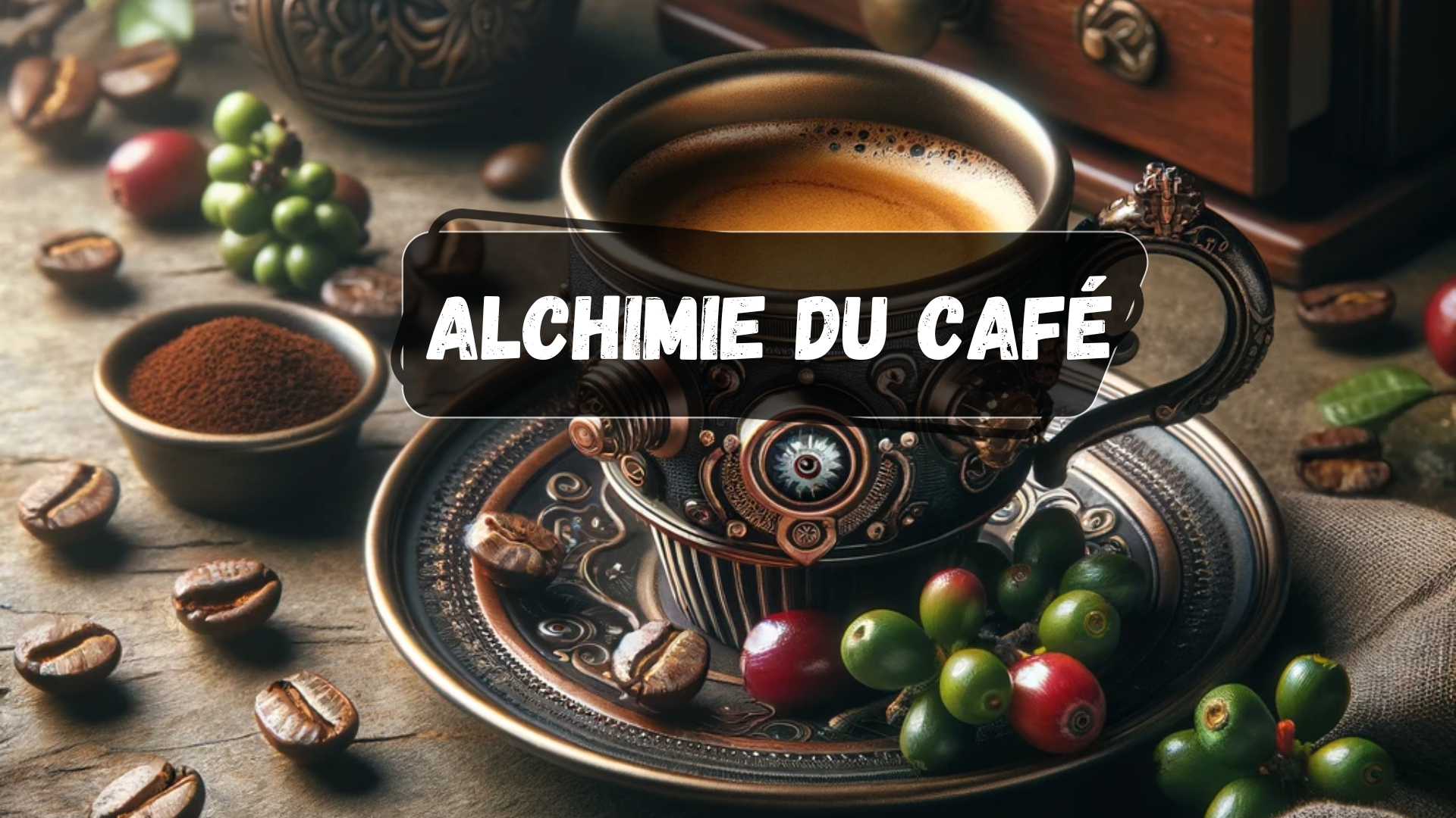 Une tasse de café de style steampunk entouré de cerise de café et de café en grain et moulu